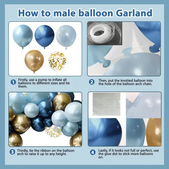 Blue And Gold Balloons Arch Kit, Double Stuffed Pastel Blue Balloon Arch Kit Dusty Navy Light Baby Metallic Blue Gold Confetti Balloons for Baby Boy Shower Wedding Birthday Party Decorations {3}