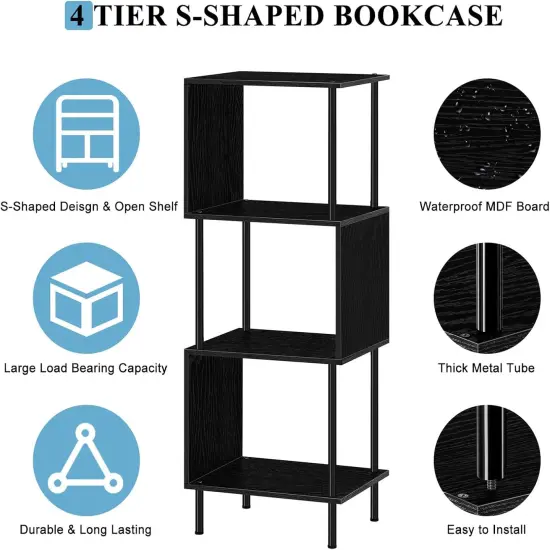 4-Tier S-Shaped Industrial Bookshelf &ndash; Rustic Freestanding Metal Frame & MDF Bookcase for Small Spaces, Living Room, Bedroom, Home Office &ndash; Easy Assembly, Anti-Tip Safety {3}