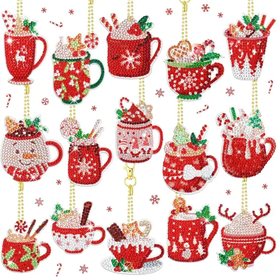 15 Pieces Diamond Art Painting Keychains Diamond Art Painting Ornaments 5d DIY Hot Cocoa Art Ornaments for Kids DIY Crafts Keychains Family Decor {1}