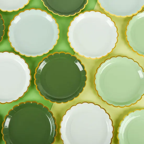 Summer Sage Green Scalloped Party Plates Gold Foil Border Paper Plates Disposable 9inch Gradient Green Serving Plates (24, Sage Green) {4}