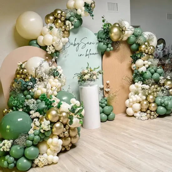 Green White Gold Balloon Arch Kit, 146Pcs Avocado Green Metallic Chrome Gold Confetti and White Latex Balloons {3}