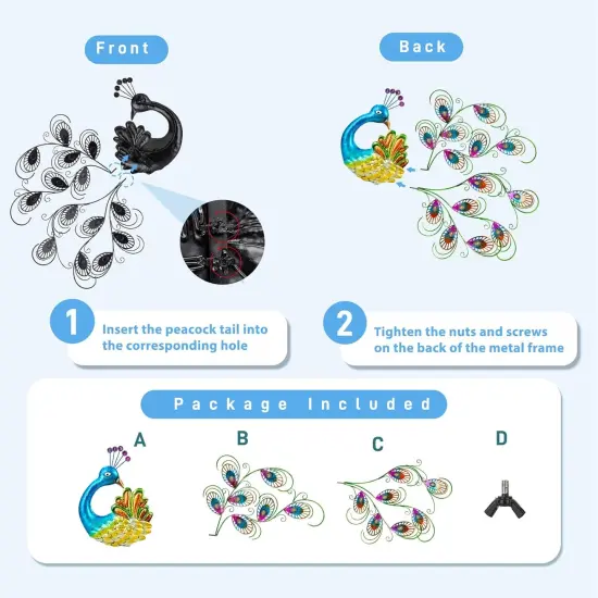 Summer Metal Wall Art Decor, 20'' W x 19'' H Peacock Wall Hanging Decor & Wall Sculpture, Large Wall Decor for Patio, Fence, Garden, Home Decor (Blue) {5}