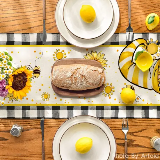 Buffalo Plaid Sunflower Gnomes Bee Summer Table Runner, Seasonal Kitchen Dining Table Decoration for Home Party Decor 13x72 Inch {3}