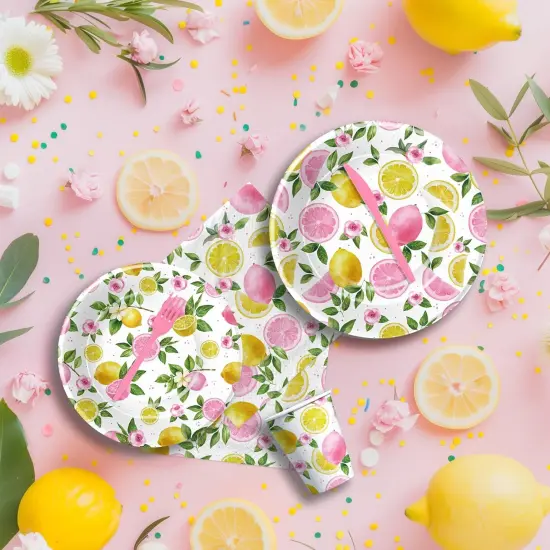 Summer Lemon Party Decorations Tableware, Party Supplies, Plate, Napkin, Cup, Cutlery, Summer Pink Lemon {4}