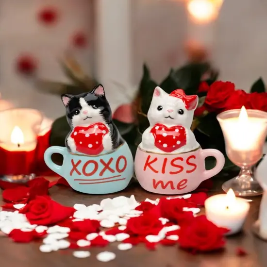 Ceramic Valentine Teacup Cat Salt and Pepper Shakers, Cat Lovers' Gift, Gift for Her, Valentine's Day Decor {2}