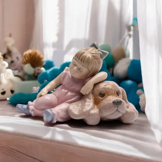 Ceramic Little Girl Sleeping on Dog Figurine, Dog Lover Gift, Pet Loss Gift, Kids' Room Decor {1}