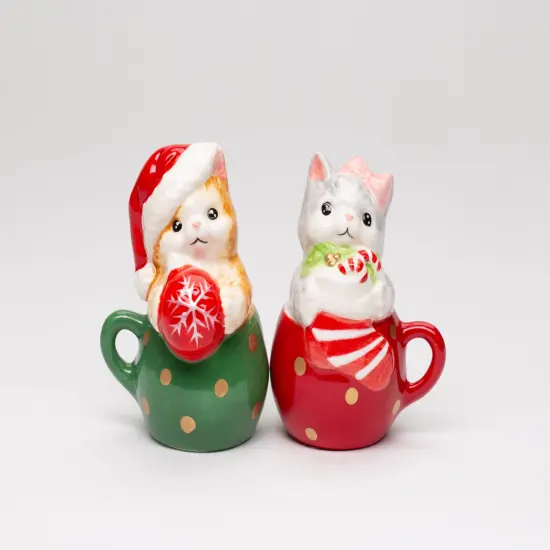 Ceramic Kittens in Teacups Christmas Theme Salt and Pepper Shakers, Christmas Decor, Cat Lover Gift {2}