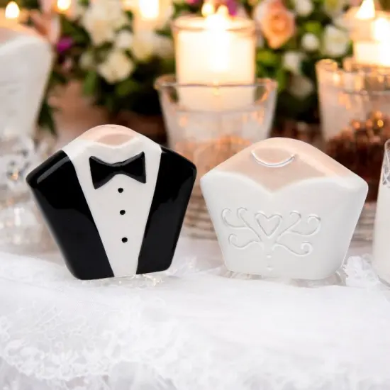 Ceramic Bride and Groom Tuxedo & Gown Salt & Pepper Shakers, Wedding Decor, Wedding Gift, Kitchen Decor {1}