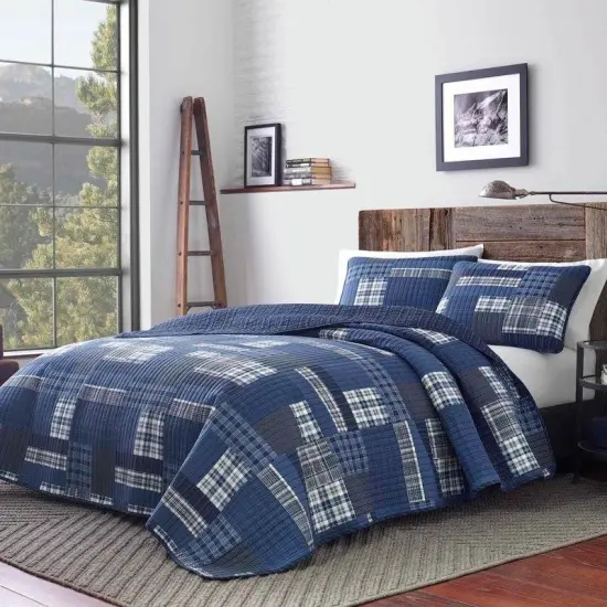 100-Percent Cotton Reversible 3 Piece Blue Patchwork Quilt Set {1}