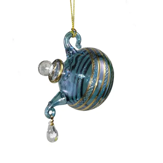 Glass Teapot with Crystal 'droplet' Ornament - Blue {1}