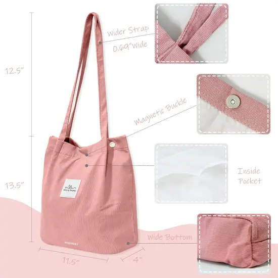 Wrapables Carry Joy Corduroy Tote Bag, Casual Shoulder Handbag, Light Pink {2}
