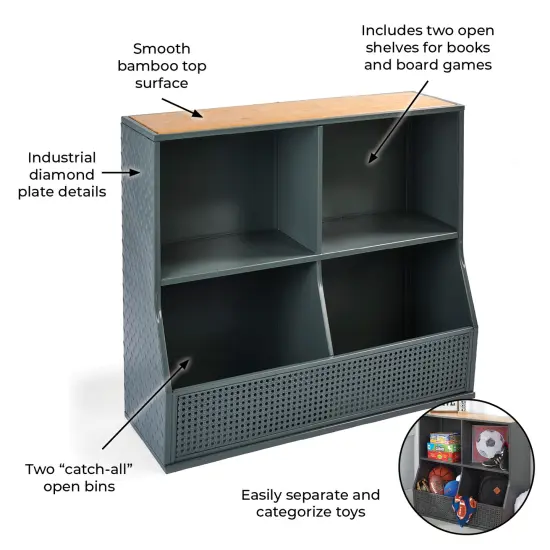 Badger Basket Metal and Bamboo Multi-Bin Storage Cubby - Charcoal/Natural {3}