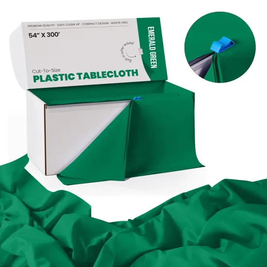  Party Solids 54" x 300' Plastic Table Cover Roll with Slide Cutter &ndash; Cut-to-Size Dispenser Box &ndash; Makes Up to 36 Disposable 8' Rectangle Tablecloths by Exquisite Emerald Green {2}