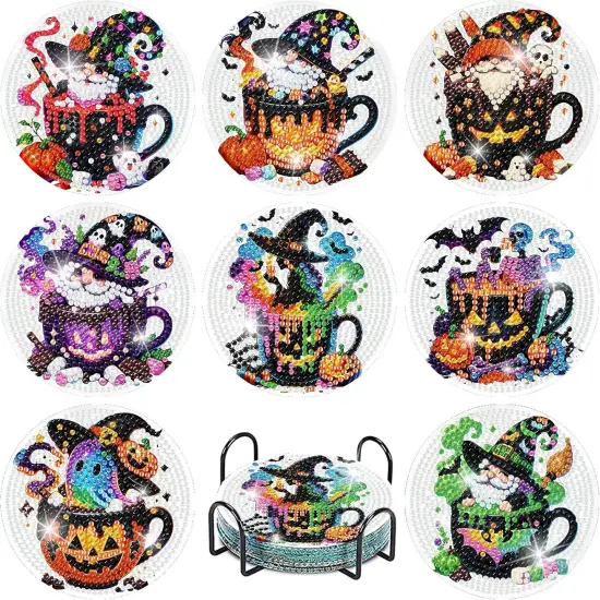 8 PCS Halloween Gnome Diamond Art Coasters Kits {1}