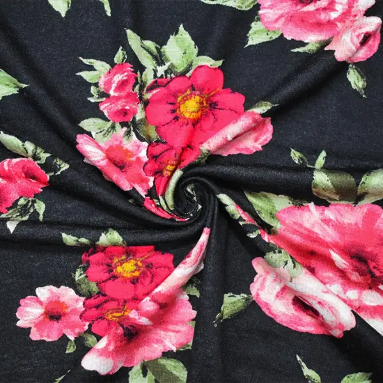 Black-Pink-Multi Cotton Floral Printed Stretch Spandex Jersey Knit Fabric By the Yard {1}