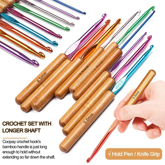 Bamboo Crochet Hooks Comfort Grip, 6.7" Crochet Kit Longer Aluminum Shaft Crochet Needles for Crocheting, Ergonomic Knitting Hooks Set for Crochet Yarn Craft, Premium Knitting Crochet Supplies {5}
