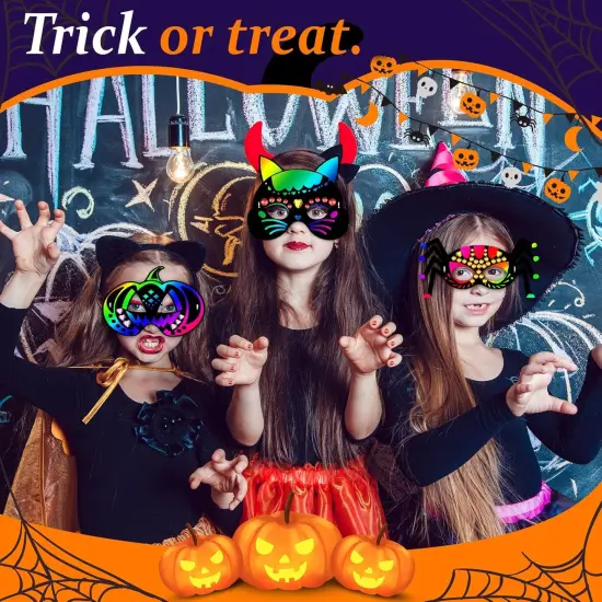 32Pcs Halloween Crafts for Kids Rainbow Scratch Mask {2}