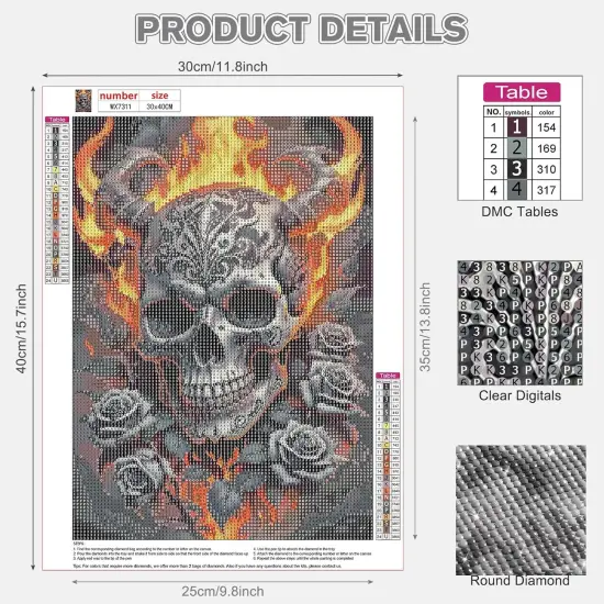 Skull Diamond Art Kits for Adults, Diamond Painting Kits for Adult Beginners, Full Round Drill Flame Diamond Painting, Art Gem Painting Kits for Home Wall Decor 12x16inch {2}