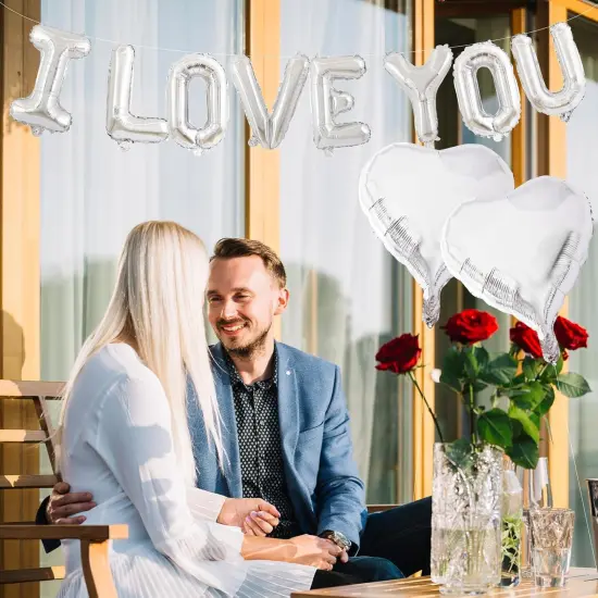 16 Inches Silver 'I LOVE YOU' Balloons Banner - Mylar Letter Balloons with 2 Heart Shaped Foil Balloons for Romantic Decorations, Anniversaries, Engagements, Proposals, and Valentine's Day Decor {5}