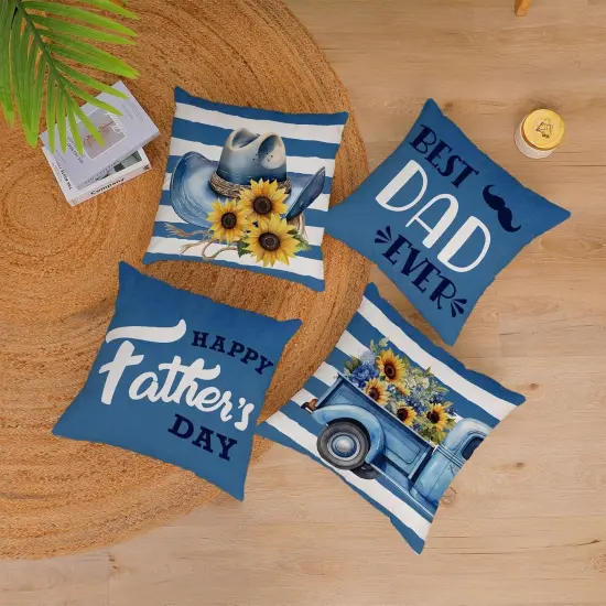 Fathers Day Pillow Covers 18x18 Set of 4 Velvet Blue Dad Throw Pillow Covers Sunflower Floral Cushion Covers Pillow Case Gift for Father Dad Birthday Home Outdoor Sofa Decoration (18) {5}