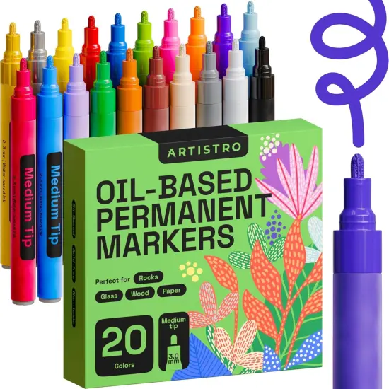 20 Oil-Based Permanent Paint Markers - Assorted Sets of Fine and Medium Tip Markers for Wood, Rock, Fabric, Glass, Ceramic, Metal, Plastic, and More - Quick Dry, Waterproof, Permanent {1}