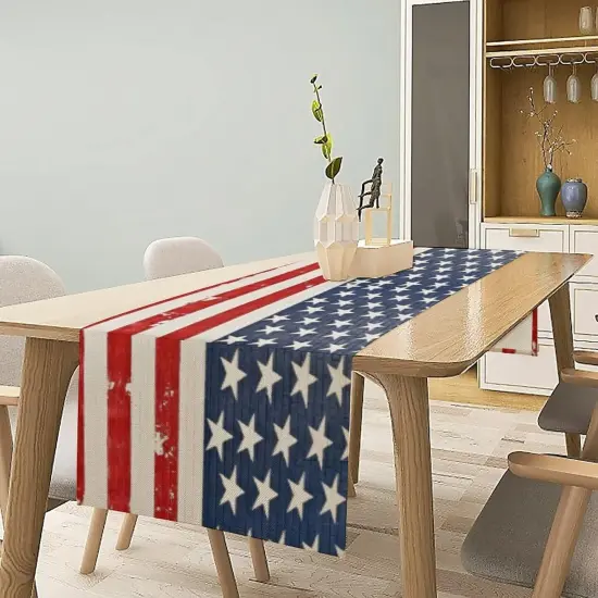 Farmhouse Cotton Linen Table Runners 13 x 72 Inches,Rustic Blue Table Runner for Dining,Kitchen,and Coffee Table Decor - USA American Flag Brick Wall Texture {5}