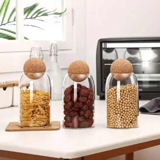 3 Pcs Glass Jar Storage Container with Ball Cork Decorative Round Organizer Bottle Sealed Canister Jar with Airtight Seal Wooden Lid for Food Coffee Bean Candy Biscuits Spice(800 ML/ 27 Oz) {3}