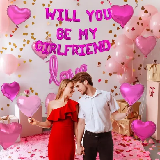 Will You Be My Girlfriend Balloons 60pcs pink hot pink and white balloon kit Include 18 Inch Heart Shaped Balloons and 1000 Pink Artificial Rose Petals Romantic Decoration Kit for Valentines Party {4}