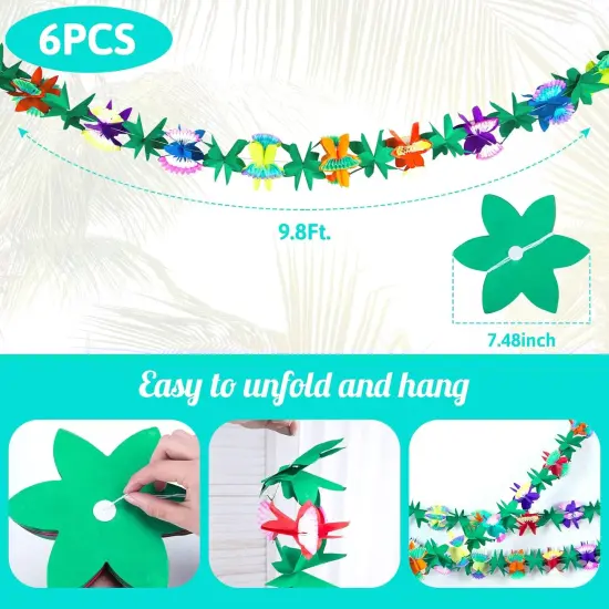 6 Packs Summer Tropical Flower Garlands, Tissue Flower Banner Hibiscus Garland Hanging Party Decorations for Hawaiian Luau Party Beach {2}