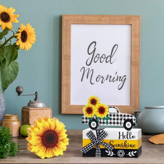 5 Pcs Sunflower Table Decorations Summer Tiered Tray Decor Mini Wooden Decorative Books Stack with Twine with Wood Truck Sign for Home Kitchen Shelf Tabletop Centerpieces {3}