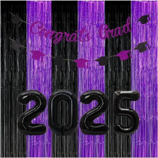 Graduation Decorations 2025 Purple Black Foil Fringe Backdrops, Black Purple Party Decorations Streamer Tinsel Curtains for Graduation Birthday Halloween Party(3 Pack) {5}