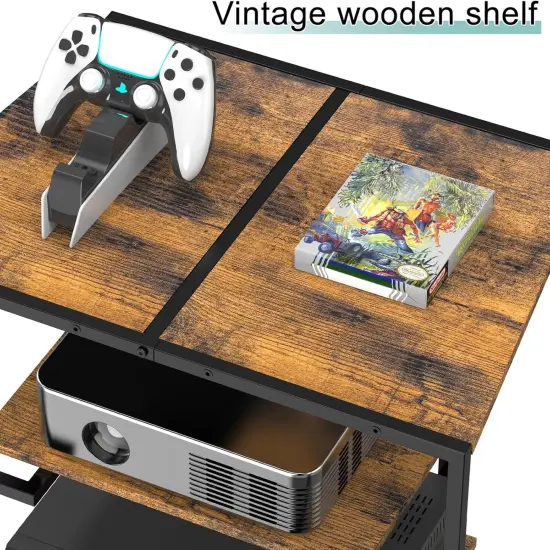 4-Tier Brown AV Media Stand with Charging Station - Corner Stereo Cabinet for Record Players, Game Consoles, TVs (24.4"W/62cm x 27.6"H/70cm) {5}