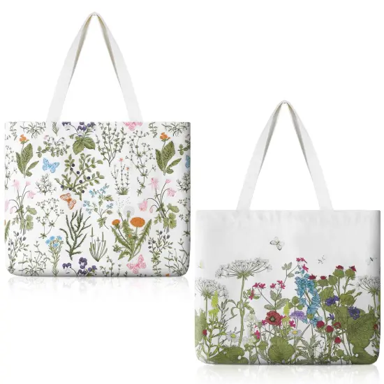 2 Pcs 2 Pcs Spring Canvas Tote Bags Floral Tote Bag Cute Aesthetic Wildflower Herbs Reusable Grocery Bags for Women (Classic) {1}