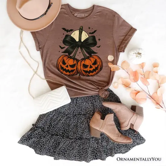 Pumpkin Cherries Coquette Bow T-Shirt, Retro Halloween Fall Season Tee for Sweet Autumn Girls {1}