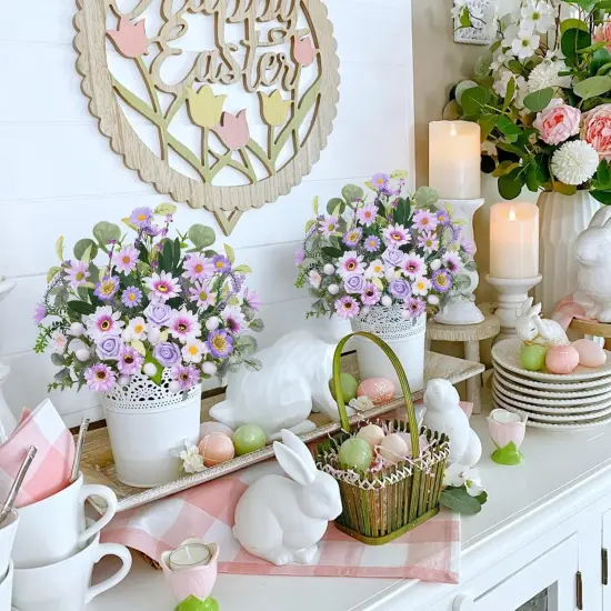 6PCS 20" Easter Decorations Purple Easter Egg Flowers Stem Artificial Eucalyptus Spring Floral Easter Sprays Picks with Rose for Easter Home Vase Arrangement Table Centerpieces {2}