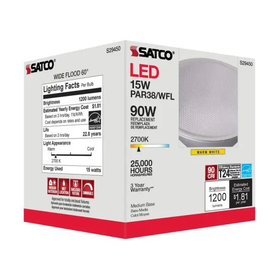 Satco 15w PAR38 LED 60 deg. Beam E26 Medium base 2700k Warm White {2}