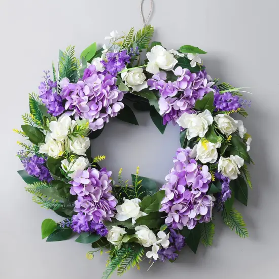 Summer Floral Wreaths for Front Door Green Plant Purple Hydrangea Weaths 18 inch on Grapevine Base, Perfect for Summer Wreaths Outdoor,Indoor and Farmhouse Decoration {1}