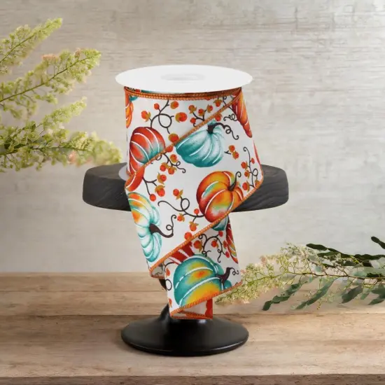 2.5" Pumpkins Bittersweet Ribbon: Ivory/Teal/Rust {3}