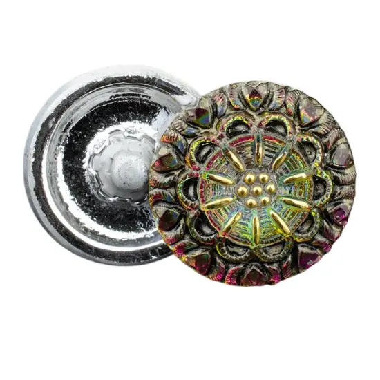 18mm Round Lacy Flower Pink and Green Iridescent Antiqued with Gold Paint - Czech Glass Buttons {2}