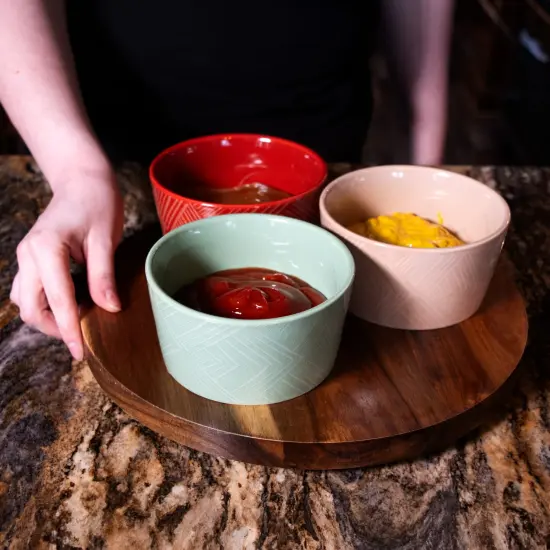 Thirstystone 12-Inch Acacia Wood Lazy Susan Turntable with 3 Ceramic Serving Bowls, Stylish Rotating Server for Condiments, Snacks, and Dips, Perfect for Holiday Dining and Entertaining {5}