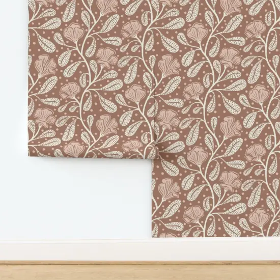 Pre-Pasted Wallpaper 2FT Wide Earth Tone Floral Botanical Dots Flowers Vines Abstract Monochromatic Brown Beige Neutral Earthy Prairie Rustic Farmhouse Blush Custom Pre-pasted Wallpaper by Spoonflower {2}