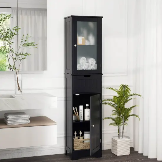 Costway Bathroom Tall Cabinet Freestanding Linen Tower with Doors & Drawer Black/Grey/White {5}