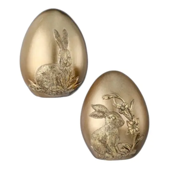 4.5" Handcrafted Gold Easter Egg Figurine Set &ndash; Embossed Bunny Design {1}