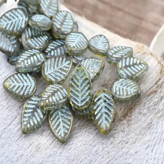 *15* 16x12mm Turquoise Washed Crystal Picasso Top Drilled Dogwood Leaf Beads {2}