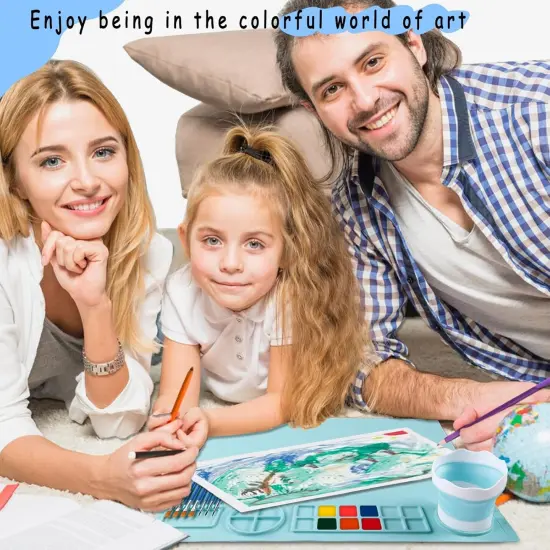 Silicone Craft Mat 20X16 Inch Large Silicone Art mat with Detachable Cup Painting Mat with 10 Painting Brushes Silicone Drawing Mat Sheets for Kids Adult DIY Accessories (Blue) {5}