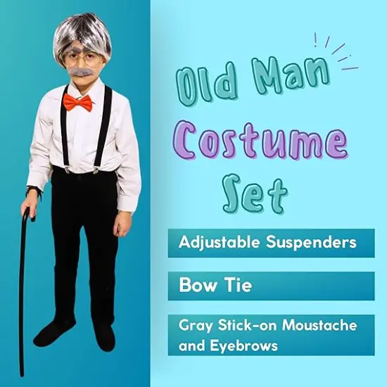 4E's Novelty Old Man Costume for Kids Boys 100th Days of School Includes Suspenders, Gray Stick On Moustache & Eyebrows, Bow Tie. Grandpa Costume Accessory {3}