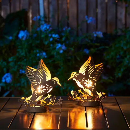 (Set of 2)9.75"H Black and Gold Metal Cutout Flying Hummingbird Silhouette Solar Powered Edison Bulb Outdoor Lantern {1}