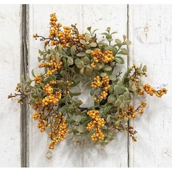 3" Mustard Pebble Creek Candle Ring with Foam Berries and Green Plastic Leaves {2}