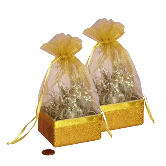 Box On The Bottom Organza Bags 2 1/2 '' X 2 7/8 '' X 6 1/2 '' Decor Gold {5}