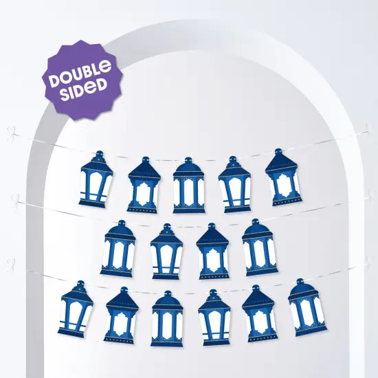 Big Dot of Happiness Ramadan Lanterns Garland Banner, Eid Decorations, Hanging Bunting Photo Backdrop, 10 Feet of Cord, 15 Paper Blue Fanous {3}
